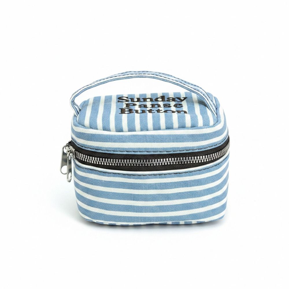 Cosmetic Bags - กล่องเก็บของทรงสี่เหลี่ยมลายทางสีน้ำเงินขาวแบบพกพา กระเป๋าเครื่องสำอางมีซิปแบบถือ กระเป๋าใส่เครื่องสำอางขนาดเล็ก สำหรับผู้หญิงและเด็กผู้หญิง